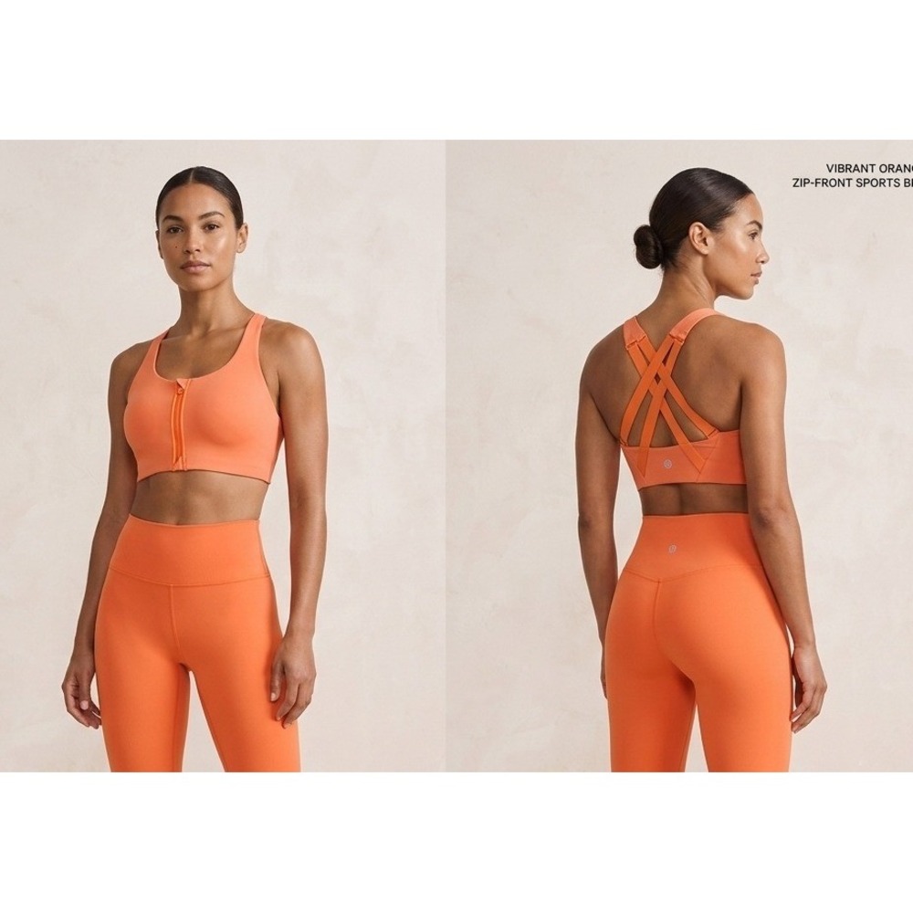 Lululemon Zip Front Sports Bra Womens 6 Orange Excellent Strappy High Impact